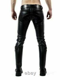 Mens Black Leather Biker Pants Quilted Leather Slim Fit Leather Trousers