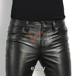 Mens Black Leather Party Pants Slim Fit Real Leather Pants Classic Plain Pants