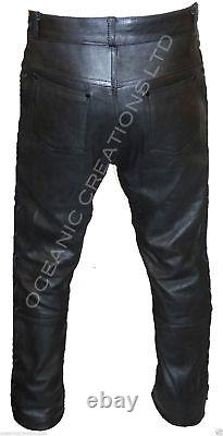 Mens Black Real Leather Cowhide Motorcycle Motorbike Jeans Trousers