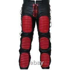 Mens Black Red Real Leather Heavy Duty Bondage Jeans BLK RED RAW1