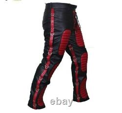 Mens Black Red Real Leather Heavy Duty Bondage Jeans BLK RED RAW1