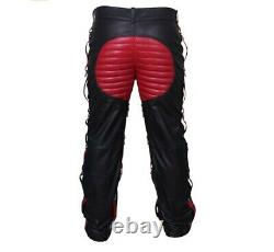 Mens Black Red Real Leather Heavy Duty Bondage Jeans BLK RED RAW1