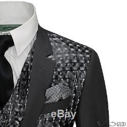Mens Black Shiny Geometric 3D Print 3 Piece Suit Slim Fit Wedding Party Funky