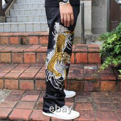 Mens Black Trousers Casual Pants Japanese Pattern Embroidery Sport Tattoo Tiger