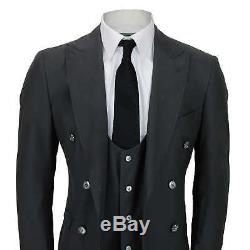 Mens Black Vintage 3 Piece Double Breasted Suit Fitted Jacket Waistcoat Trousers
