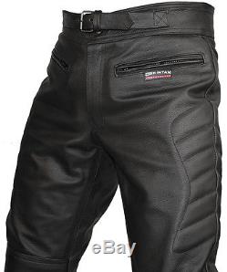Mens CE Armoured Motorcycle Biker Leather Trousers Motorbike Jeans Pants Black