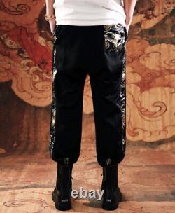 Mens Casual Pants Japanese Pattern Embroidery Tiger Sports Jogging Trousers