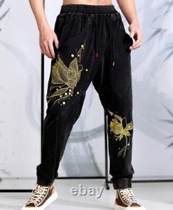 Mens Casual Trousers Japanese Pattern Embroidery Lotus Jogging Pants Unisex
