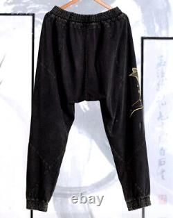 Mens Casual Trousers Japanese Pattern Embroidery Lotus Jogging Pants Unisex