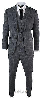 Mens Check Vintage Retro Herringbone Tweed Grey Black 3 Piece Suit Tailored Fit