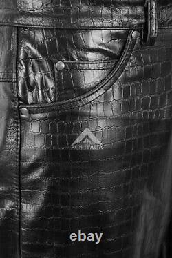 Mens Crocodile Print Pant Black Cow Leather Exotic Embossed Print Biker Pant 501