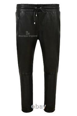 Mens Designer Chinos Trousers Lambskin Leather Black Elasticated Relax Fit 3055