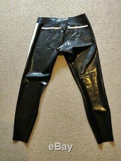 Mens Gay Fetish Rubber Trousers Latex Black Codpiece White Trim Medium Jeans UK
