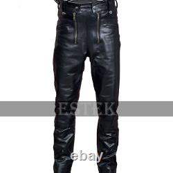 Mens Genuine Black Leather Biker Pants/Trousers Double Zipper Pants Motorbike