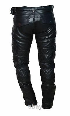 Mens Genuine Black Leather Pants Trousers Stylish Quilted Real Leather Cargo