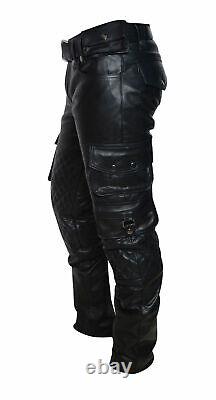 Mens Genuine Black Leather Pants Trousers Stylish Quilted Real Leather Cargo