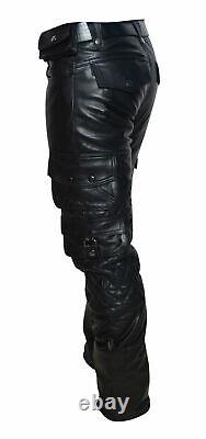 Mens Genuine Black Leather Pants Trousers Stylish Quilted Real Leather Cargo