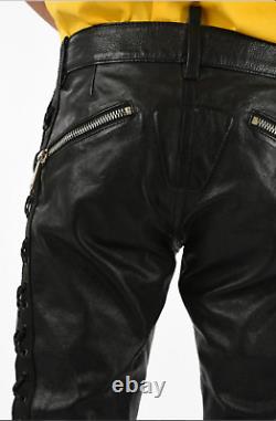 Mens Genuine Leather Black Pants Biker Zipper Trousers Rider Trousers Laces Pant