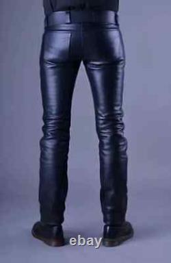 Mens Genuine Leather Pants Biker Leather Trousers Punk Kink Jeans Gay BLUF Pant