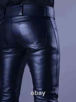 Mens Genuine Leather Pants Biker Leather Trousers Punk Kink Jeans Gay BLUF Pant