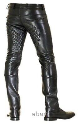 Mens Genuine Leather Quilted Biker Pants Hand Crafted Trousers Cowhide Leather