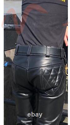 Mens Genuine Leather Quilted Black Pants Biker Trousers Made to Order All Sizes