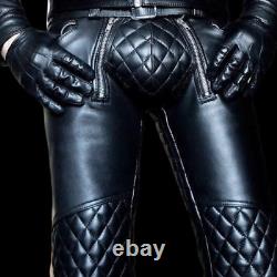 Mens Genuine Soft Cow Leather Quilted Motorcycle Bikers Jeans Slim Fit Pants