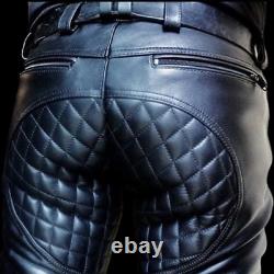 Mens Genuine Soft Cow Leather Quilted Motorcycle Bikers Jeans Slim Fit Pants