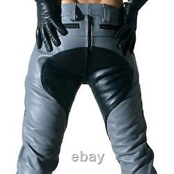 Mens Gray Genuine Leather Pants Trousers