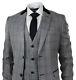 Mens Grey Black Check Herringbone 3 Piece Suit Velvet Trim Retro Vintage Fitted