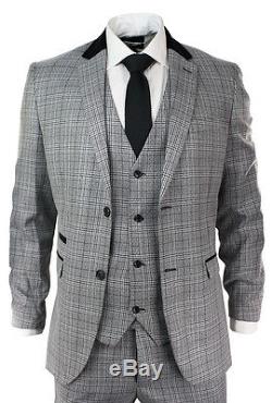 Mens Grey Black Check Herringbone 3 Piece Suit Velvet trim Retro Vintage Fitted