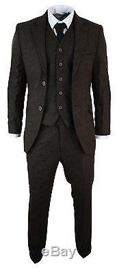 Mens Herringbone Tweed 3 Piece Suit Vintage Tailored Fit Brown Suede Patch Black