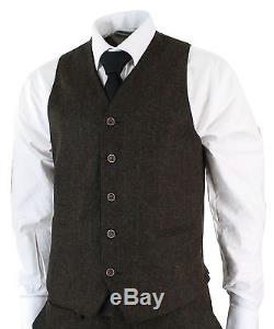Mens Herringbone Tweed 3 Piece Suit Vintage Tailored Fit Brown Suede Patch Black