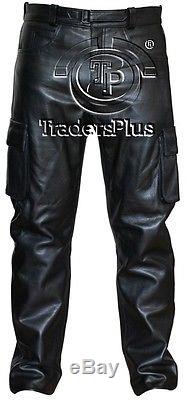 Mens Jeans Style Black Combat Cargo Leather Trouser Pants