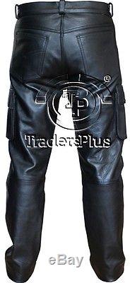 Mens Jeans Style Black Combat Cargo Leather Trouser Pants