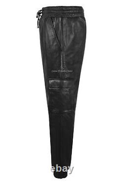 Mens Jogging Bottoms Real Leather Trousers Black Lambskin Casual Cargo Pant 3035