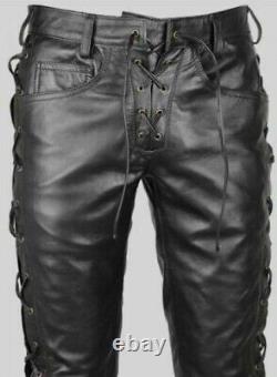 Mens Leather Bikers Pant Sides & Front Lace Up Motorcycle Jean Trouser Motorbike