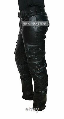 Mens Leather Cargo Quilted Pants Real Leather Pants Trousers Jeans