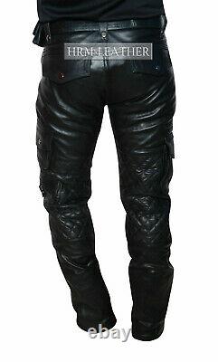 Mens Leather Cargo Quilted Pants Real Leather Pants Trousers Jeans