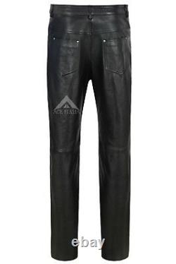 Mens Leather Pants Biker Trouser Black Jeans Style Strong Cowhide Leather Pants