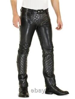Mens Leather Quilted Biker Pants Hand Crafted Trousers Genuine Cowhide Leather