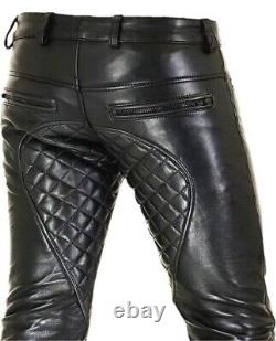 Mens Leather Quilted Biker Pants Hand Crafted Trousers Genuine Cowhide Leather