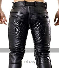 Mens Leather Quilted Biker Pants/Trousers For Men With Back Zip