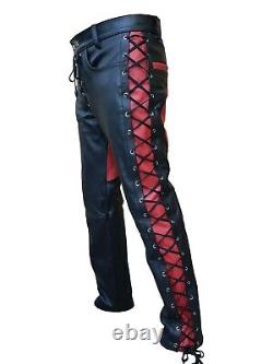 Mens New Real Black & Red Cow Leather Front & Side Laced Biker Trousers Pant