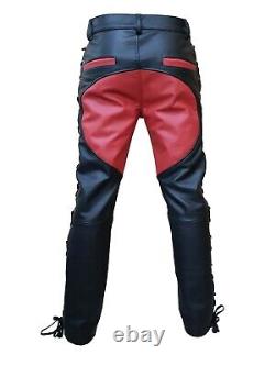 Mens New Real Black & Red Cow Leather Front & Side Laced Biker Trousers Pant