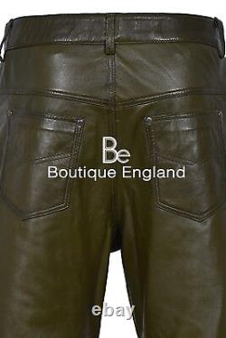 Mens Olive Green Leather Trouser Soft Leather Designer Slim Fit Jeans Trousers