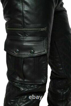 Mens Pure Black Leather Pant Cargo Pockets Quilted Leather Pants Trousers BLUF