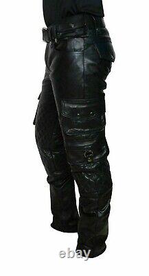 Mens Pure Black Leather Pant Cargo Pockets Quilted Leather Pants Trousers BLUF