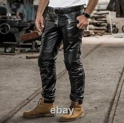 Mens Pure Black Leather Pants Trousers Biker Rider Trousers Breeches Pants BLUF