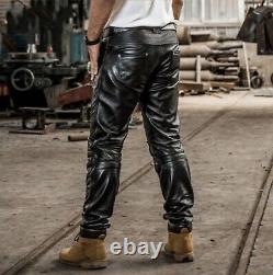 Mens Pure Black Leather Pants Trousers Biker Rider Trousers Breeches Pants BLUF
